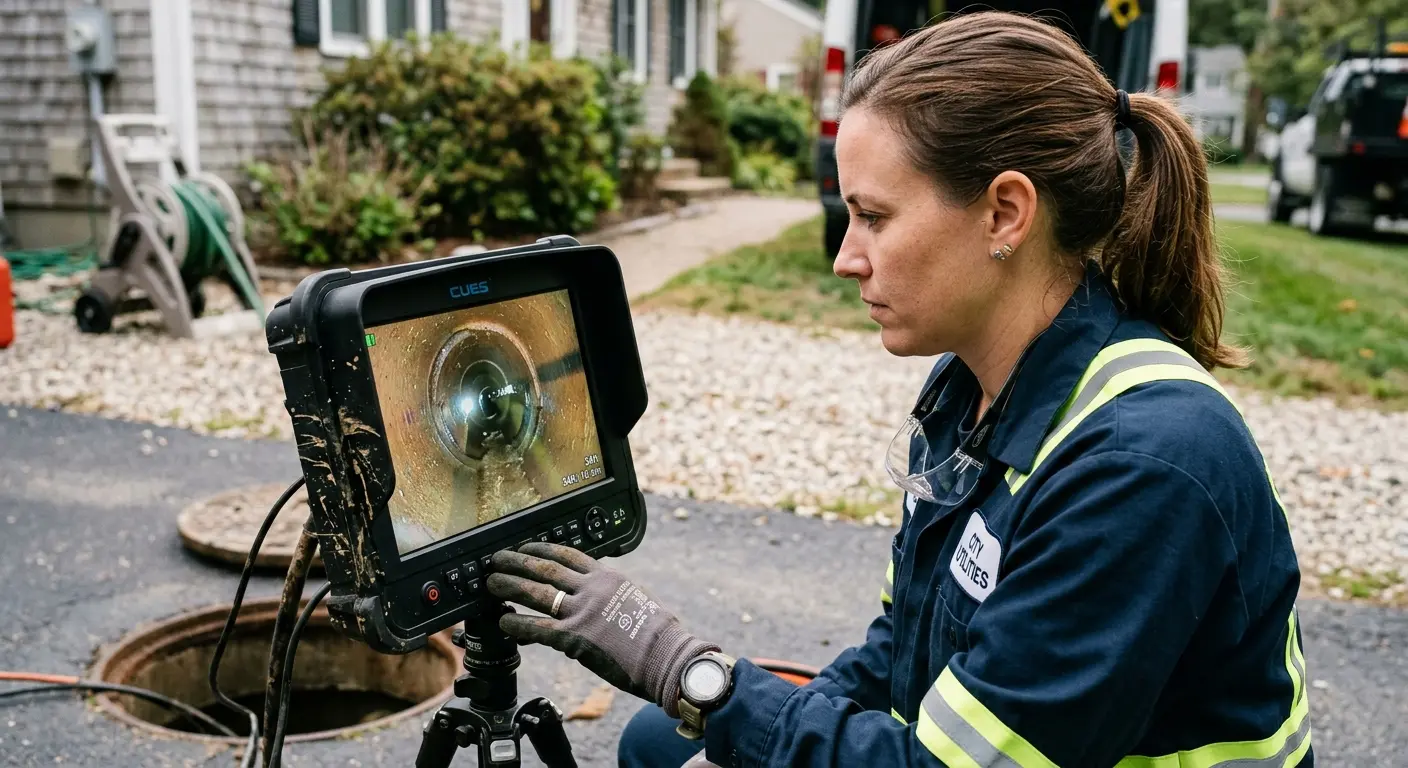 Technician reviewing sewer camera inspection footage in Grambling