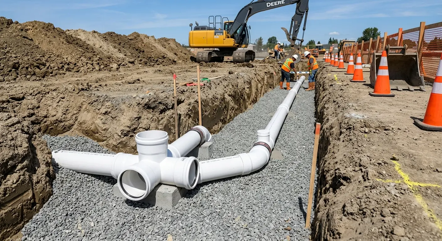 New PVC sewer pipe installation in open trench for Sewer Camera Inspection in Grambling