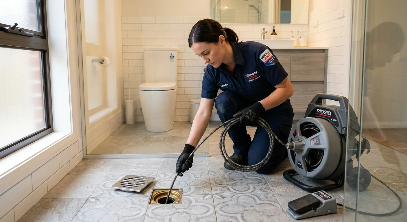 Technician clearing a bathroom floor drain for Drain Repair in Grambling